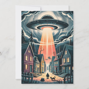 UFO-Entführungsnacht-Straßenillustration Feiertagskarte