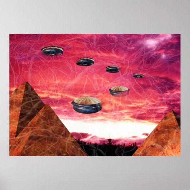 UFO fliegen über Alien-Pyramiden Poster (Vorne)