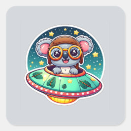 UFO Funny Koala Quadratischer Aufkleber