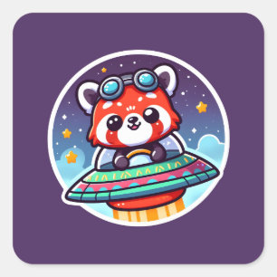 UFO Happy Red Panda Quadratischer Aufkleber