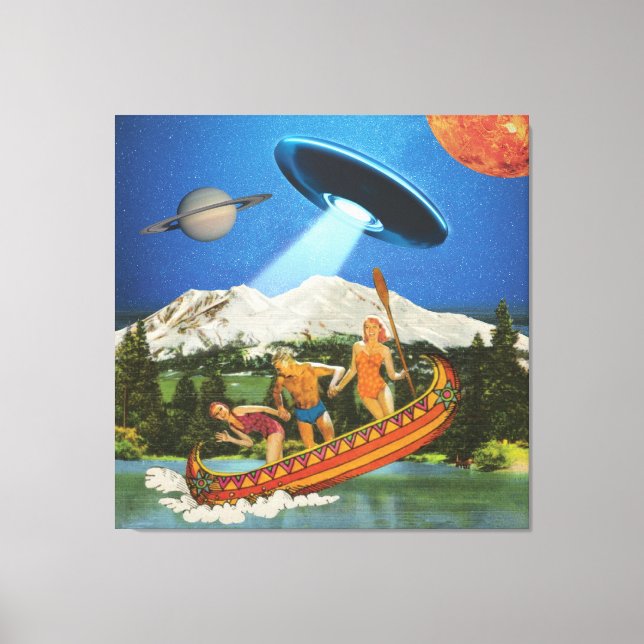 UFO Kanufahrt Berge Surreale Collage Leinwanddruck (Vorderseite)