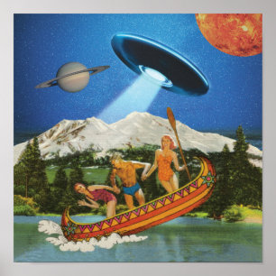 UFO Kanutour Gebirge Surrealer Collage Poster