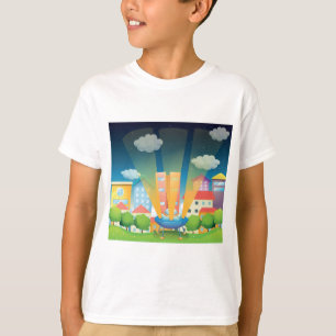 UFO-Landung in einer hellen Stadt-Nachtszene T-Shirt