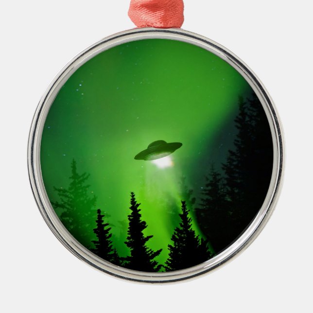 UFO mit Nordlichtern Silbernes Ornament (Vorne)