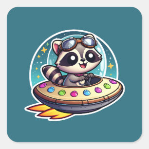 UFO Niedlich Raccoon Quadratischer Aufkleber