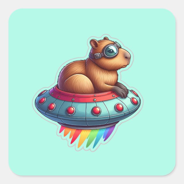 UFO Rainbow Capybara Quadratischer Aufkleber (Vorderseite)