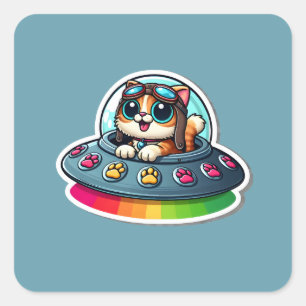 UFO Rainbow Cat Quadratischer Aufkleber