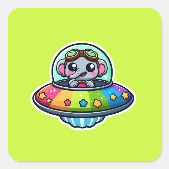 UFO Rainbow Elephant Quadratischer Aufkleber (Vorderseite)