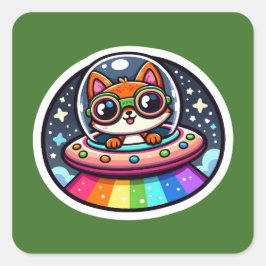 UFO Rainbow Fox Quadratischer Aufkleber