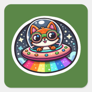 UFO Rainbow Fox Quadratischer Aufkleber
