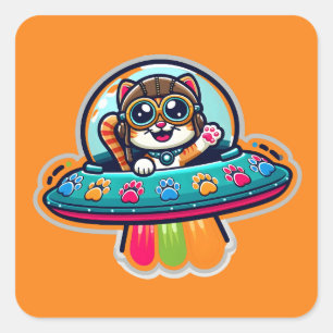 UFO Rainbow Kitty Quadratischer Aufkleber