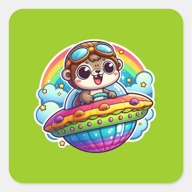 UFO Rainbow Otter Quadratischer Aufkleber (Vorderseite)