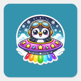 UFO Rainbow Penguin Quadratischer Aufkleber