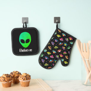 UFO Raumschiff Alien Leiterin Extraterestrial Cosm Ofenhandschuh & Topflappen-Set