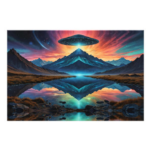 UFO schwingt über farbenfrohe Berge und den See Fotodruck