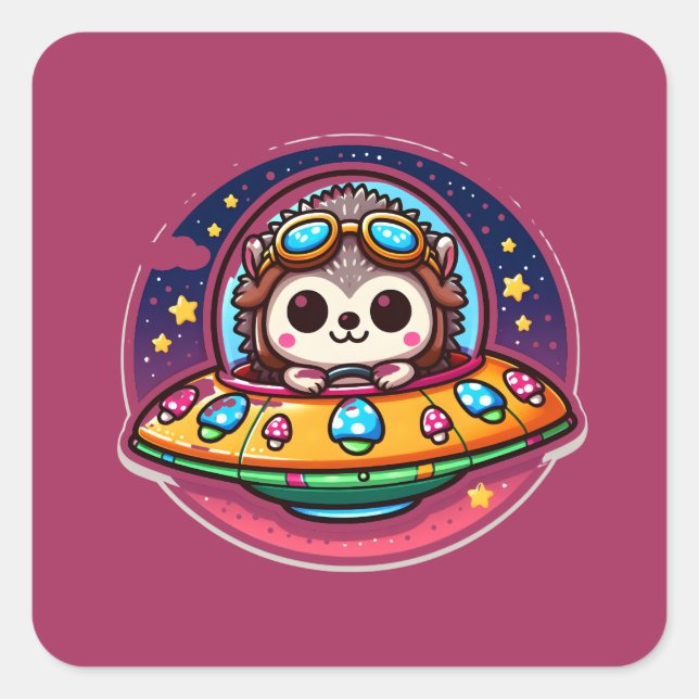 UFO Space Igel Quadratischer Aufkleber (Vorderseite)