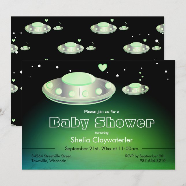 UFO und Babyparty-Karte Baby UFO-Grün-| Einladung (Vorne/Hinten)