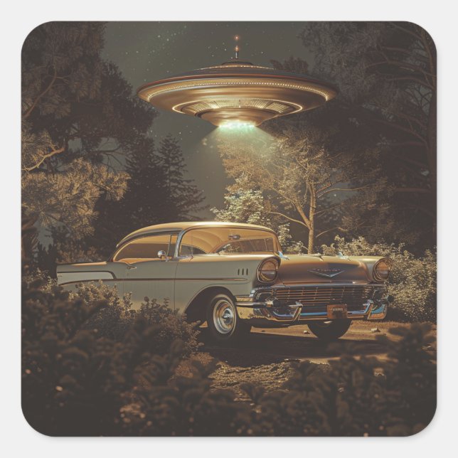 UFO und Stanleys BelAir von 1956 Quadratischer Aufkleber (Vorderseite)