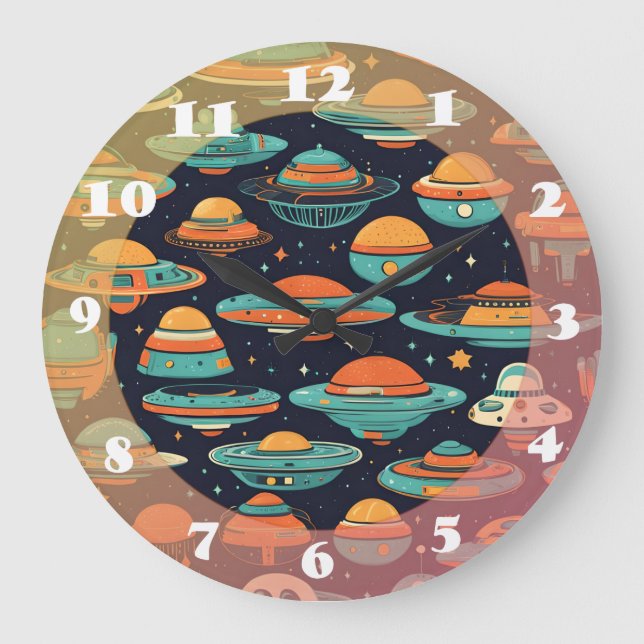 UFO Vintage Kunst Große Wanduhr (Vorderseite)