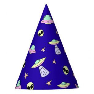 Ufos, Alien Faces und Sterne auf blauem Hintergrun Partyhütchen