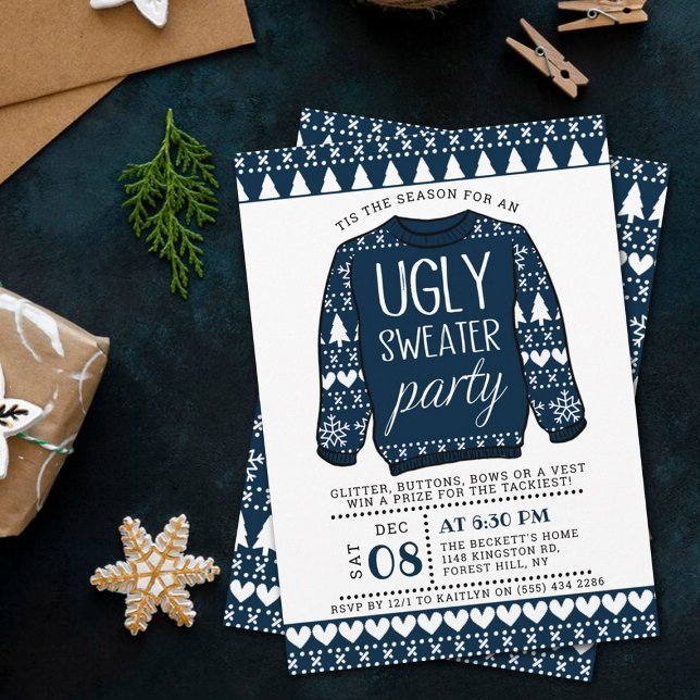 Ugary Navy Blue Christmas Sweater Holiday Party Einladung (Von Creator hochgeladen)
