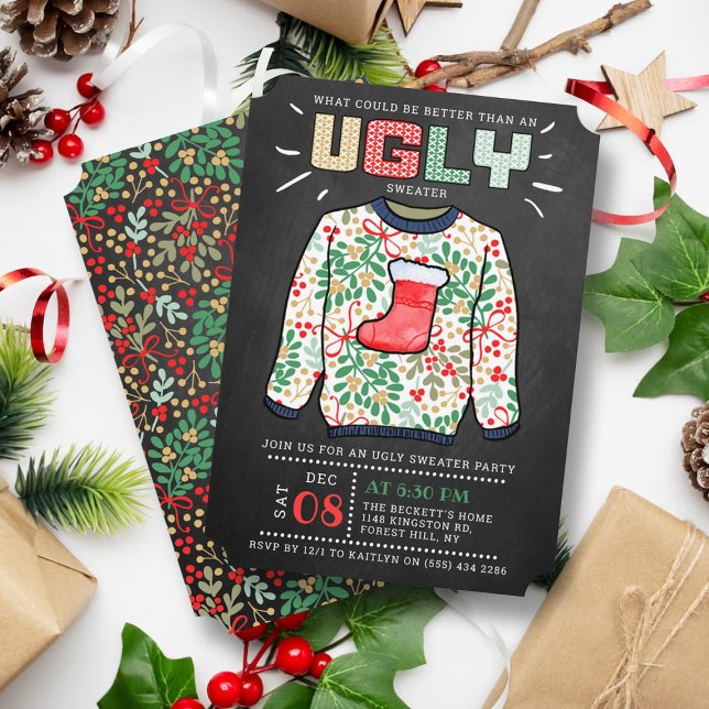 Ugg Christmas Sweater Chalkboard Holiday Party Einladung (Von Creator hochgeladen)
