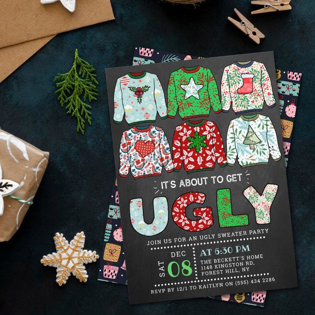Ugg Christmas Sweater Chalkboard Holiday Party Einladung (Von Creator hochgeladen)