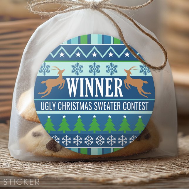 Ugg Christmas Sweater Contest Gewinner Blue Runder Aufkleber (Custom Sticker)