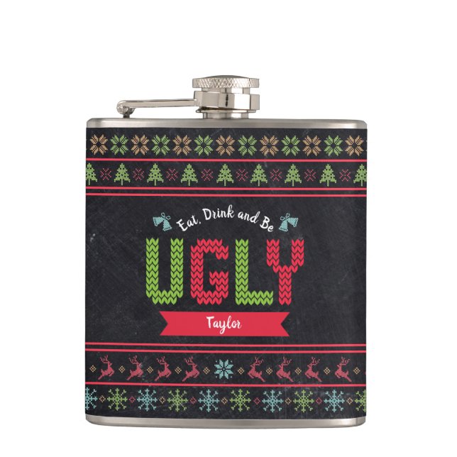 Ugg Christmas Sweater Nordic Strick Name Chalkboar Flachmann (Vorderseite)