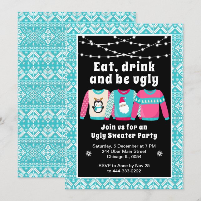 Ugg Christmas Sweaters Holiday Party Blue Einladung (Vorne/Hinten)