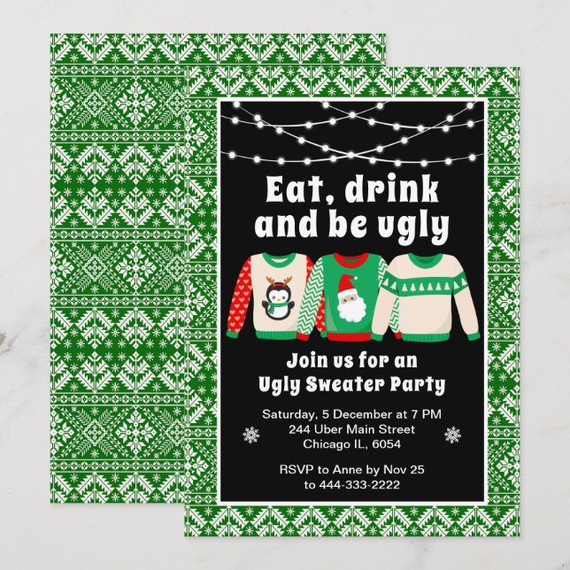 Ugg Christmas Sweaters Holiday Party Green Einladung (Vorne/Hinten)
