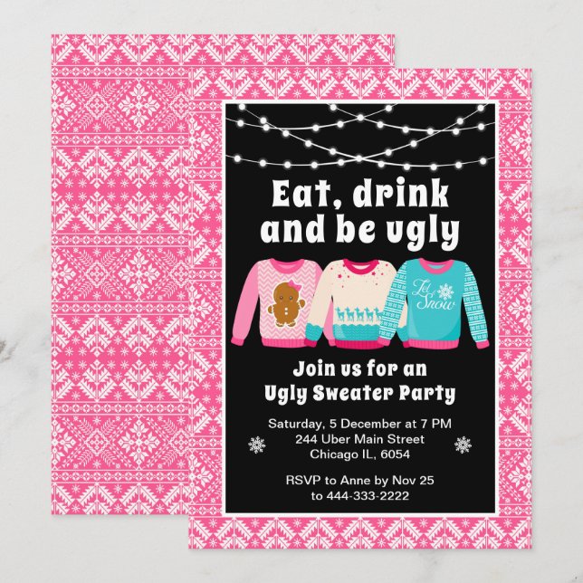 Ugg Christmas Sweaters Holiday Party Pink Einladung (Vorne/Hinten)