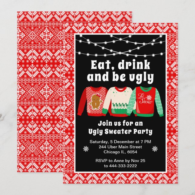 Ugg Christmas Sweaters Holiday Party Red Einladung (Vorne/Hinten)