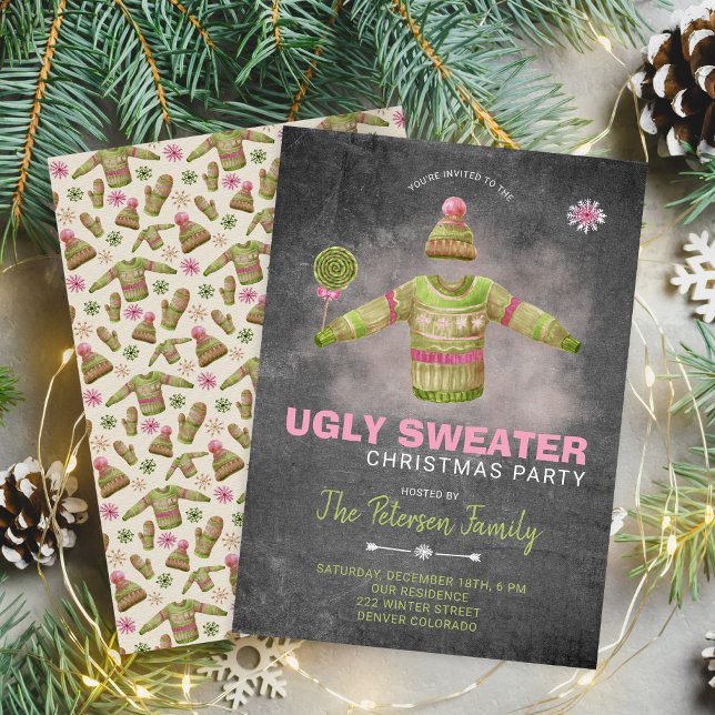 Ugg Sweater Christmas Party Pink Black Chalkboard Einladung (Von Creator hochgeladen)