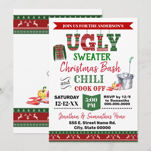 Ugi Sweater & Chili Cook Abends Weihnachtsbash Einladung (Vorne/Hinten)