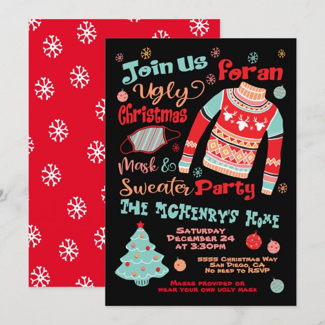 Ugi Weihnachtsmaske und Sweater Party Einladung (Vorne/Hinten)