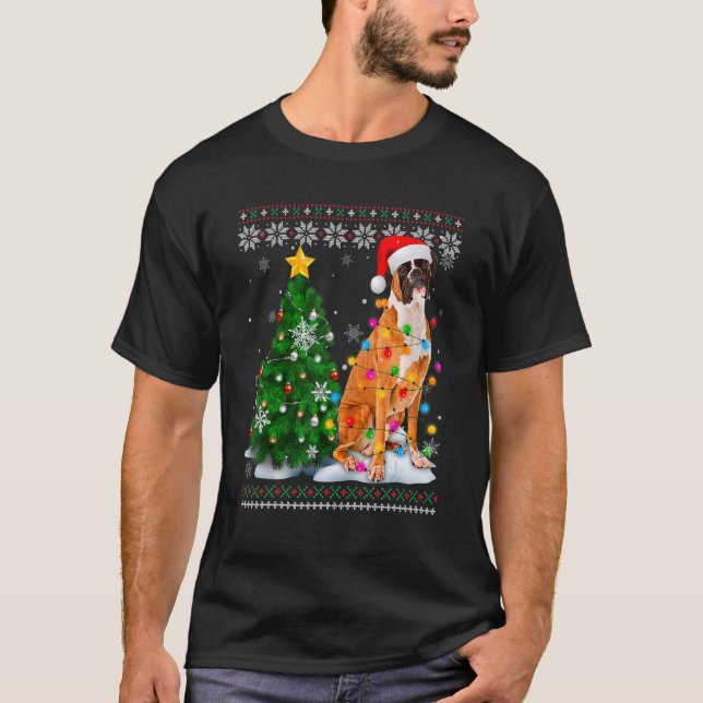 Ugly Boxer Dog Weihnachtsmannmütze Weihnachtsbaum  T-Shirt (Vorderseite)