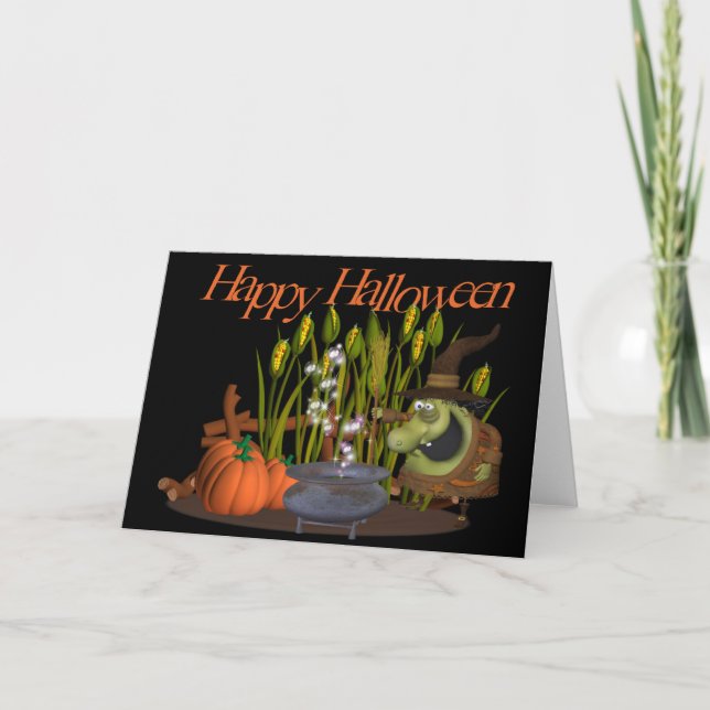 Ugly Cartoon Hexe in Cornfield Happy Halloween Karte (Vorderseite)