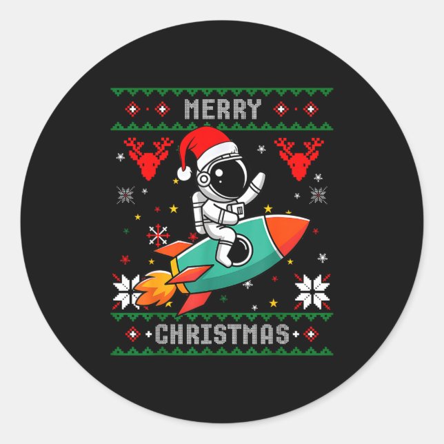 Ugly Christmas Astronaut Riding Rocket Santa Hat T Runder Aufkleber (Vorderseite)