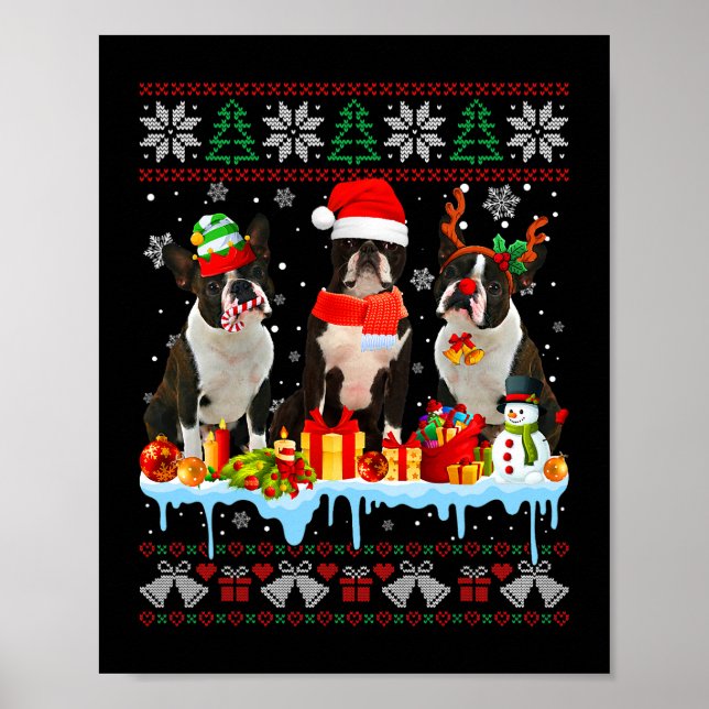 Ugly Christmas Boston Terrier Dog Santa Xmas Dog C Poster (Vorne)
