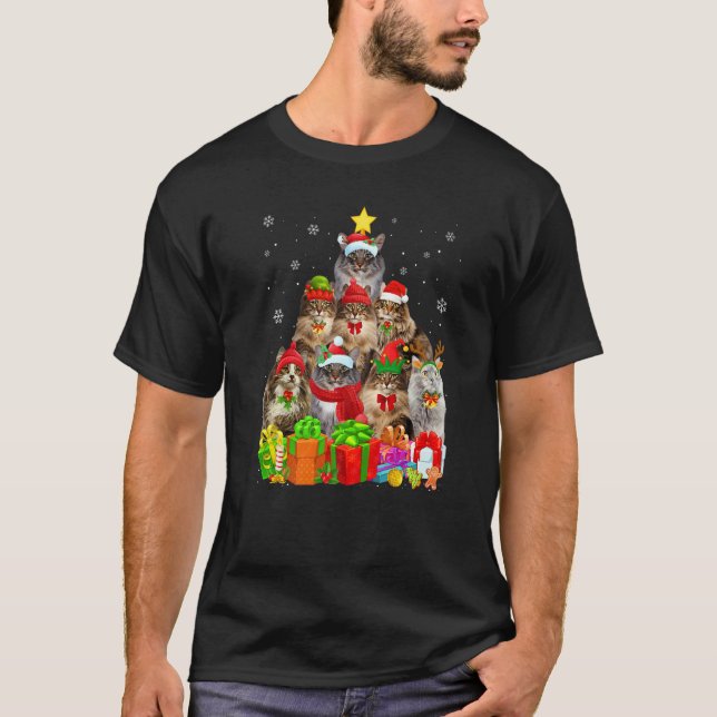 Ugly Christmas Cat Tree  Norwegian Forest Cat Xmas T-Shirt (Vorderseite)