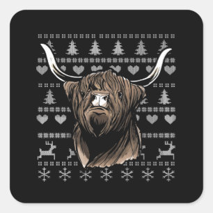 Ugly Christmas Highland Cow Quadratischer Aufkleber