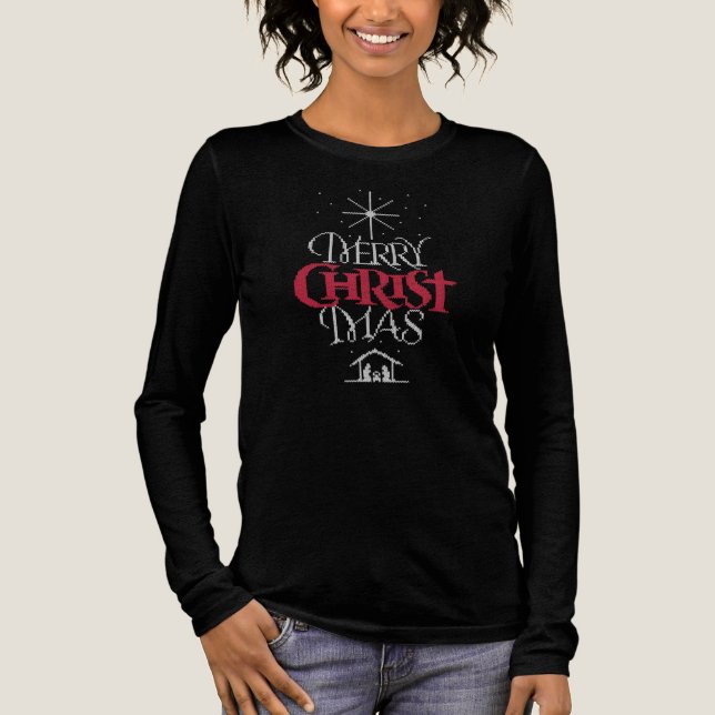 Ugly Christmas Sweater Christliche Geburt Jesus Tri-Blend Shirt (Vorderseite)