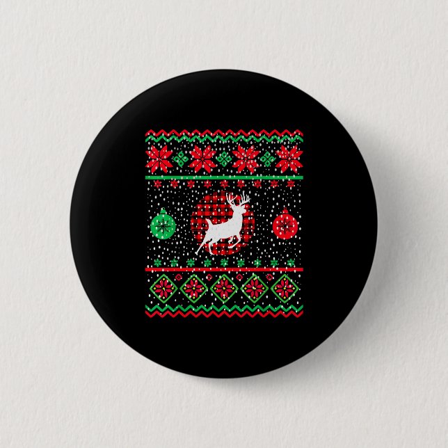 Ugly Christmas Sweater Design Plaid Reindeer  Button (Vorderseite)