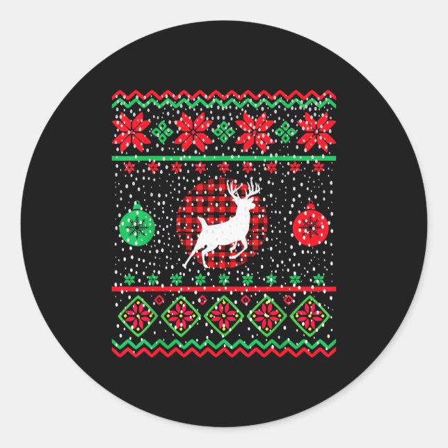 Ugly Christmas Sweater Design Plaid Reindeer  Runder Aufkleber (Vorderseite)