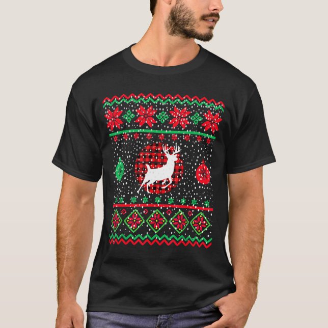 Ugly Christmas Sweater Design Plaid Reindeer  T-Shirt (Vorderseite)