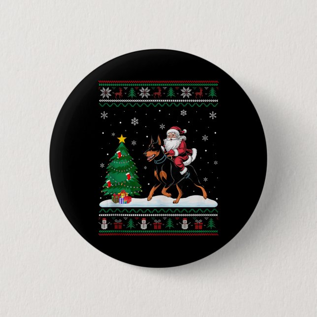 Ugly Christmas Tree Light Santa Riding Doberman Pi Button (Vorderseite)