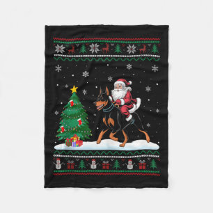 Ugly Christmas Tree Light Santa Riding Doberman Pi Fleecedecke