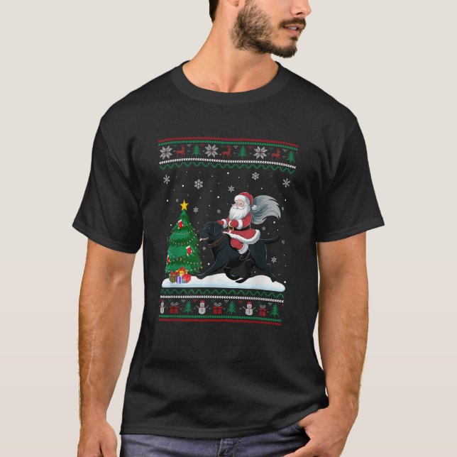 Ugly Christmas Tree Lights Santa Riding Black Labr T-Shirt (Vorderseite)