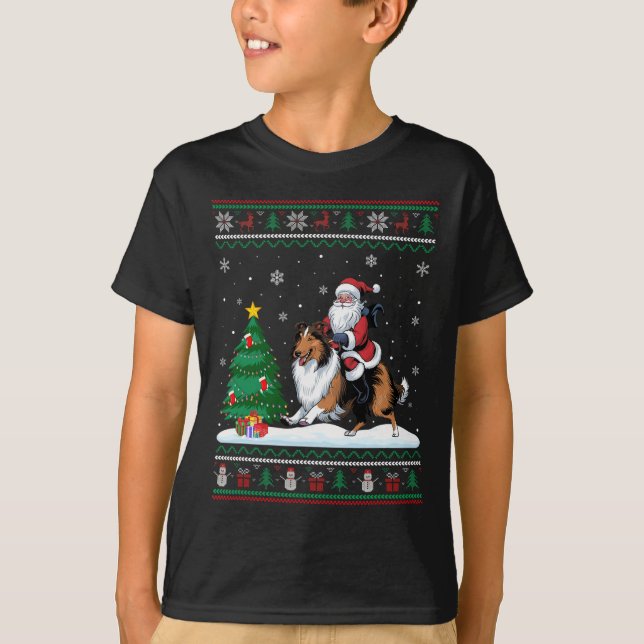 Ugly Christmas Tree Lights Santa Riding Rough Coll T-Shirt (Vorderseite)